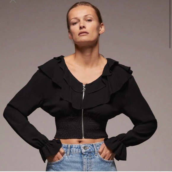 ZARA black ruffled zip front top size M - Picture 1 of 7